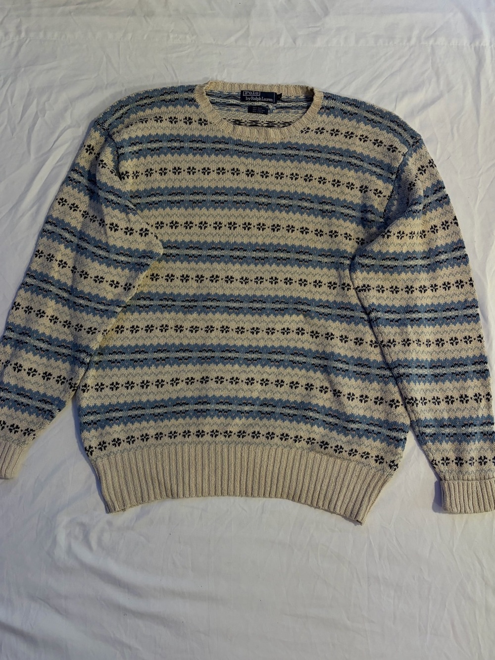 Ralph Lauren Cream Crewneck with Blue & Gray Fair Isle Stripes